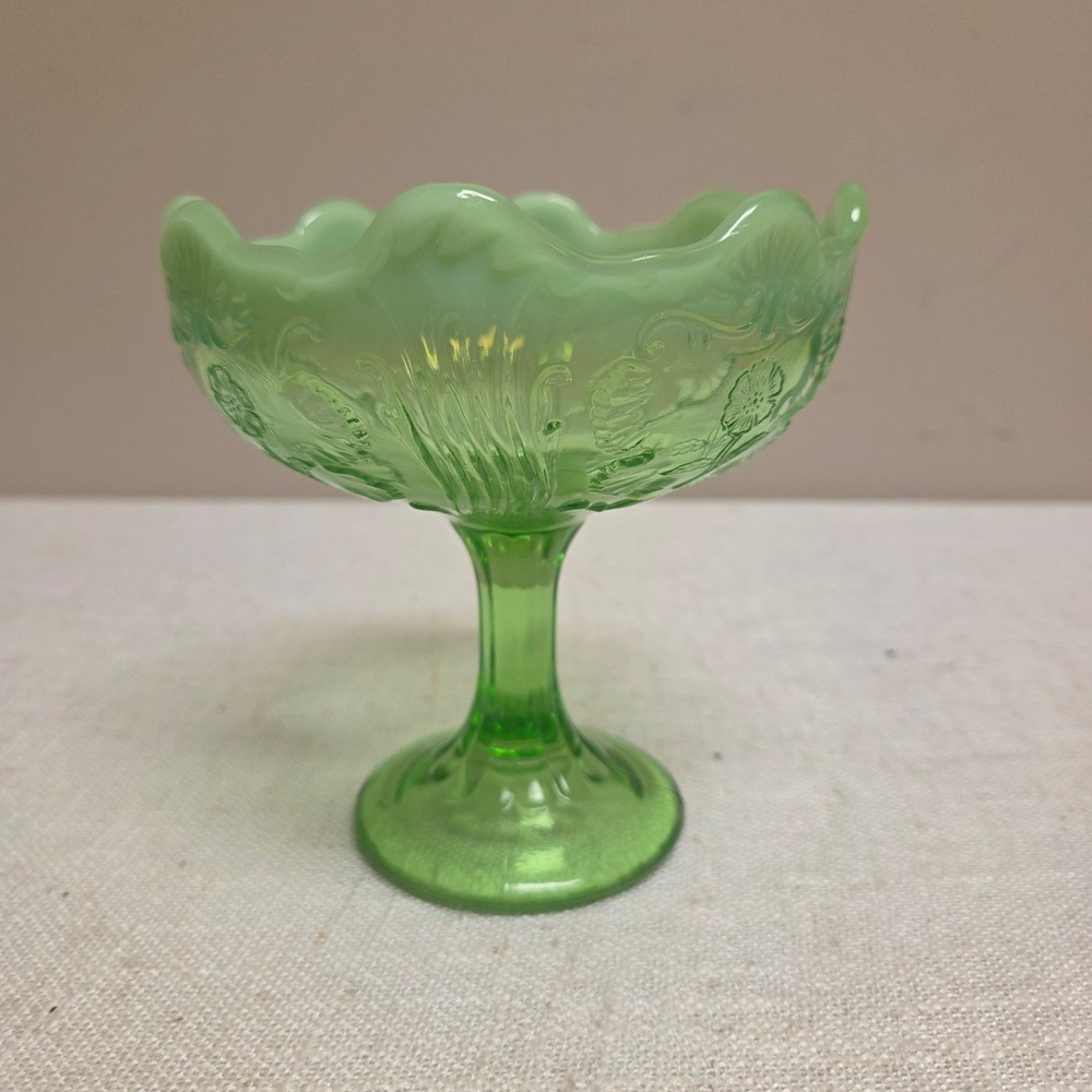 Northwood Green Opalescent Glass Compote Ruffled Floral Candy Dish Pedestal Bowl - Picture 2 of 6